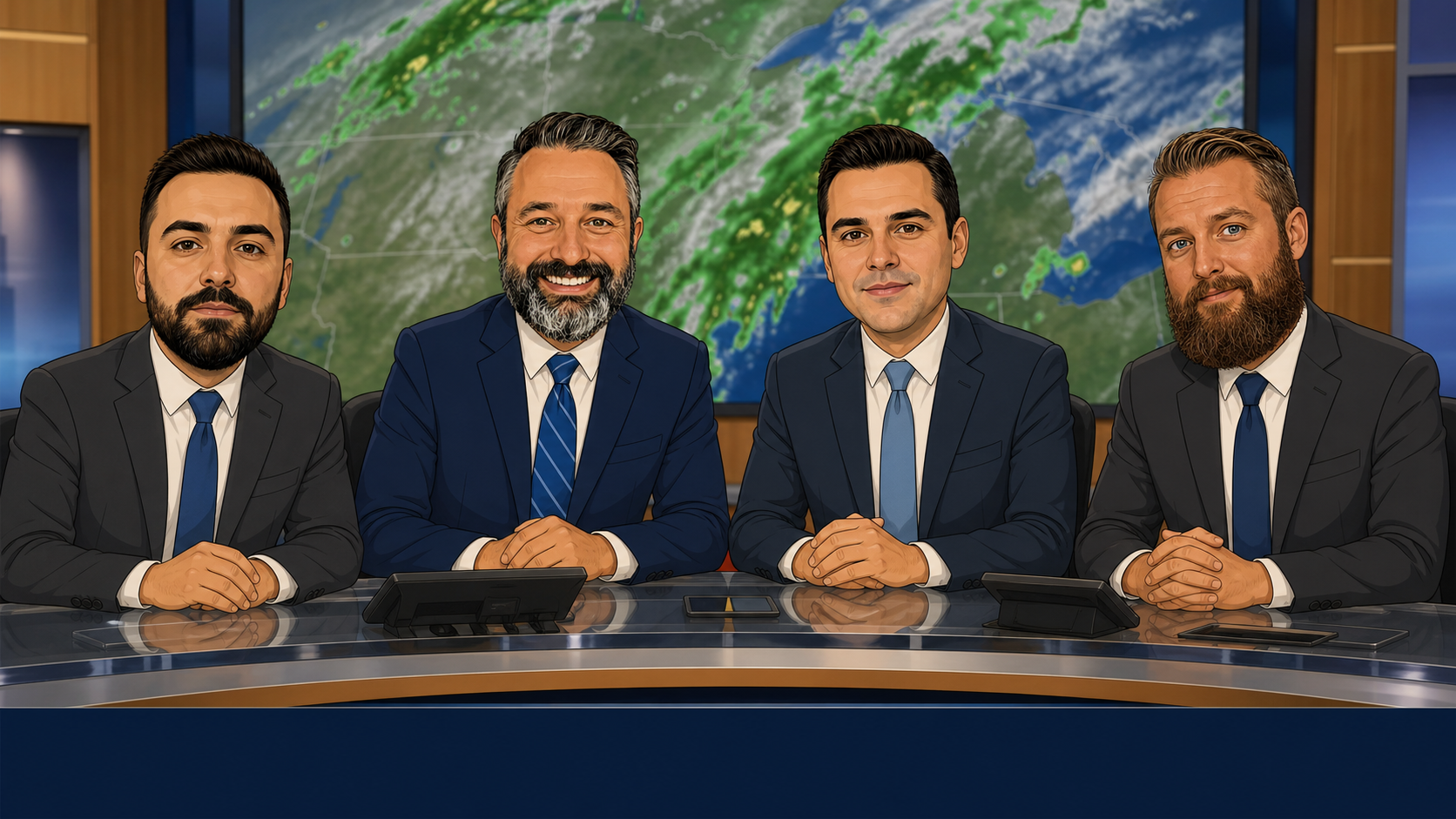 Four cartoon Terra Hosting team members seated at a local weather broadcast desk